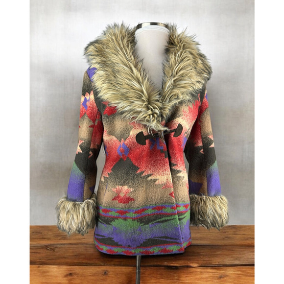 Tasha Polizzi Aztec Southwestern Blanket Coat Faux Fur Hooded Large *NO BELT* - Picture 16 of 16